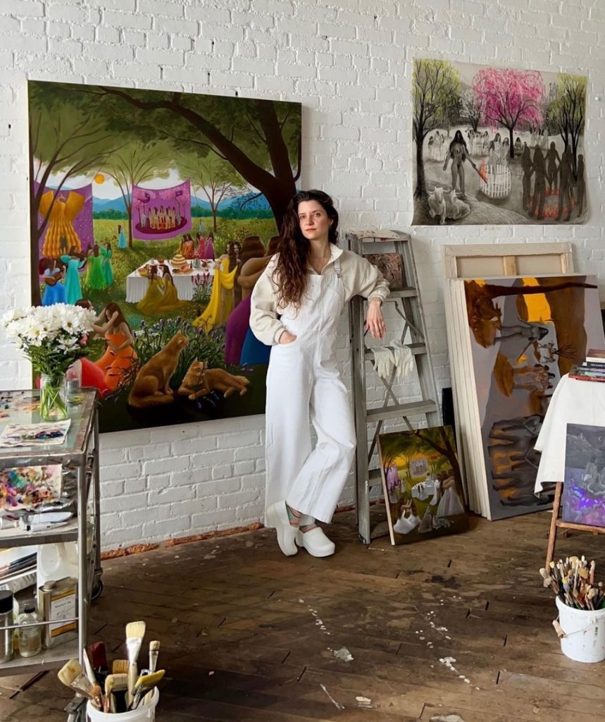 Emily Marie Miller in her studio with works in progress for “Ring of Fire” Courtesy of the Artist and Monya Rowe Gallery, NY