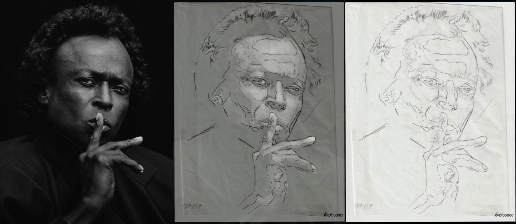 Jeffrey B. Sedlik's photo of Miles Davis and line drawings Kat Von D made in preparation for her tattoo of his image. Courtesy of legal filings. 