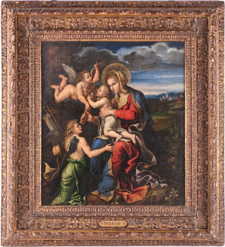 Follower of Filippino Lippi, The Depiction of the Madonna and Child. The oil on canvas painting, a depiction of the Madonna and Child with attendant angels, in a landscape, in a giltwood frame, sold for £255,000 ($321,000) at Dawsons Auctioneers in London. Photo courtesy of Dawsons Auctioneers in London.