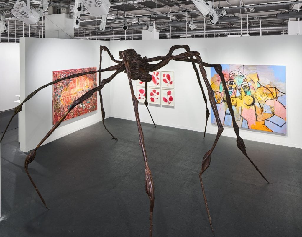 Installation view, Hauser & Wirth at Art Basel 2022, featuring Louise Bourgeois, Spider (1996). © the artists / estates. Courtesy the artists / estates and Hauser & Wirth. Photo: Jon Etter.