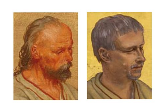 A figure from the original painting, at left, and the new restoration, at right. Courtesy Prague City Hall.