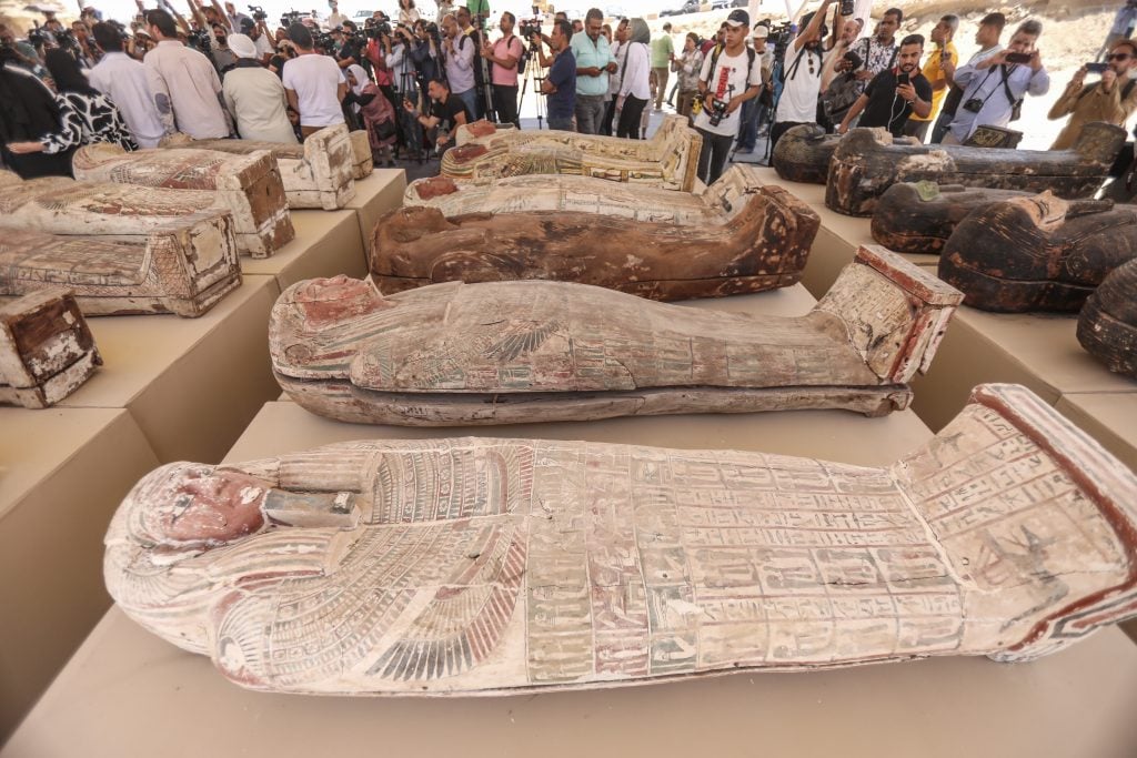 Sarcophagi discovered at Saqqara. Photo by Mohamed Abdel Hamid/Anadolu Agency via Getty Images)