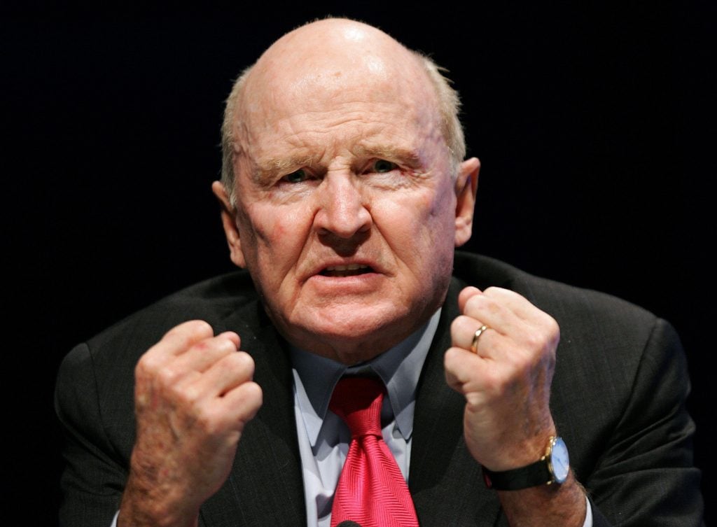 Former General Electric chairman Jack Welch speaking at the World Business Forum in November 2005. Photo: THOMAS LOHNES/DDP/AFP via Getty Images.