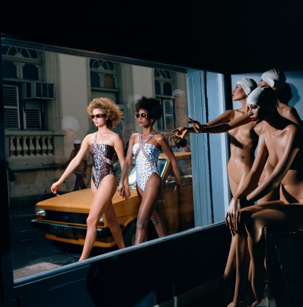 "Bourdin loved to create compositions mixing various elements and intersecting world within world, pushing the viewer to wonder what is happening," Arnal said, "and [with] a strong sense of movement." Guy Bourdin, Vogue Paris, May 1984. Courtesy of the Guy Bourdin Estate 2022.