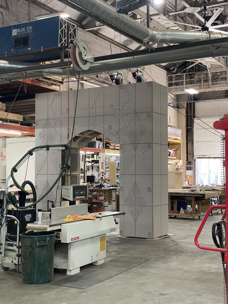 Baseera Khan, <em>Painful Arc (Shoulder-High)</em>, a commission for a show at the Moody Center for the Arts in Houston, during the fabrication process. Photo courtesy of the artist.