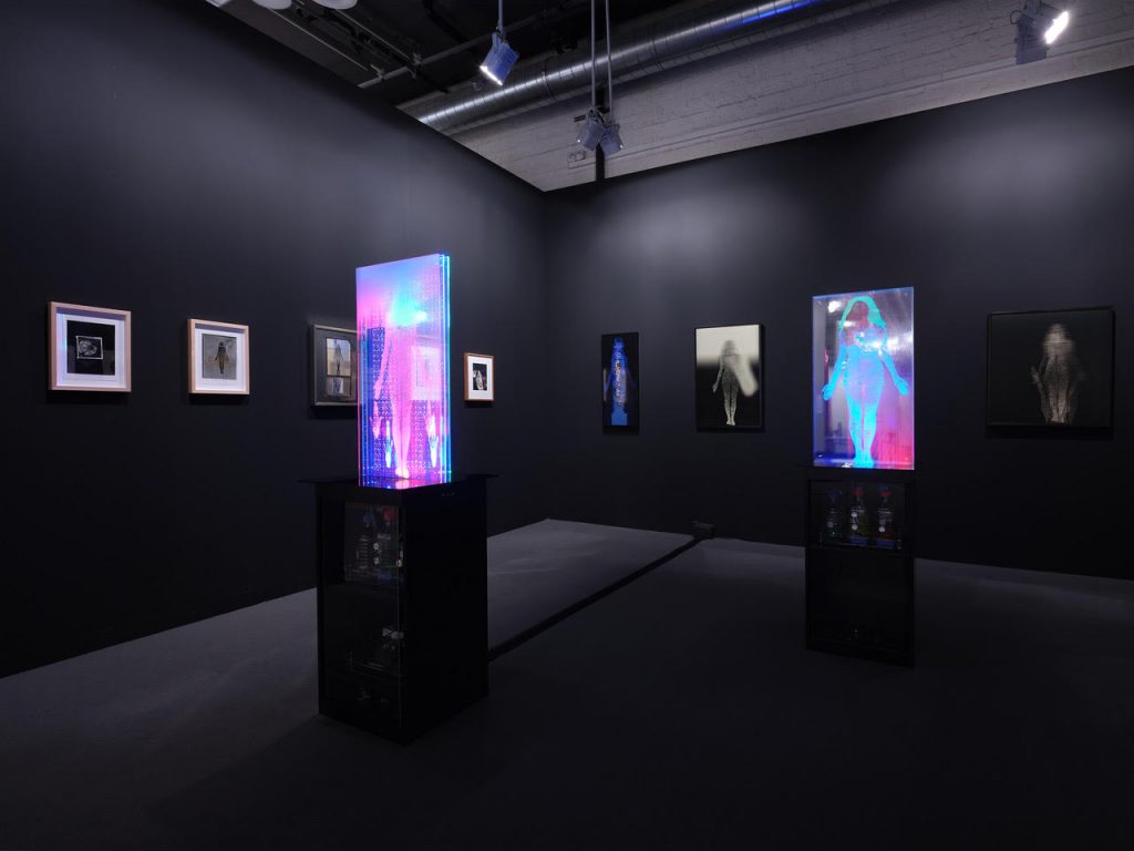 Installation view of works by Lynn Hershman Leeson at the joint booth of Altman Siegel and Bridget Donahue. Courtesy of Altman Siegel and Bridget Donahue.