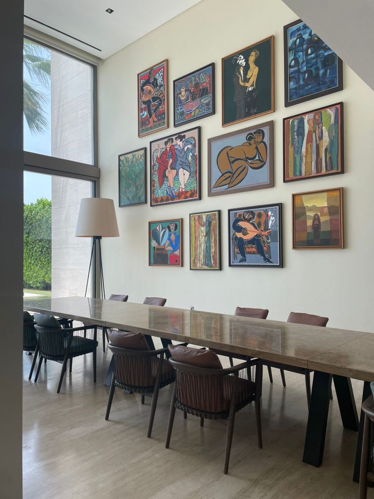 Tabari's dining room is adorned with works by Paul Guiragossian, Hussein Madi, Sliman Mansour, Fateh Moudarres, and Adel El-Siwi. Courtesy of Maliha Tabari.