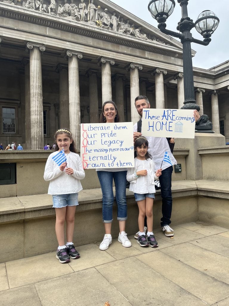 The Miliotis family from Greece lives in London and came to the British Museum on Saturday to call for the return of the Parthenon Marbles to Athens