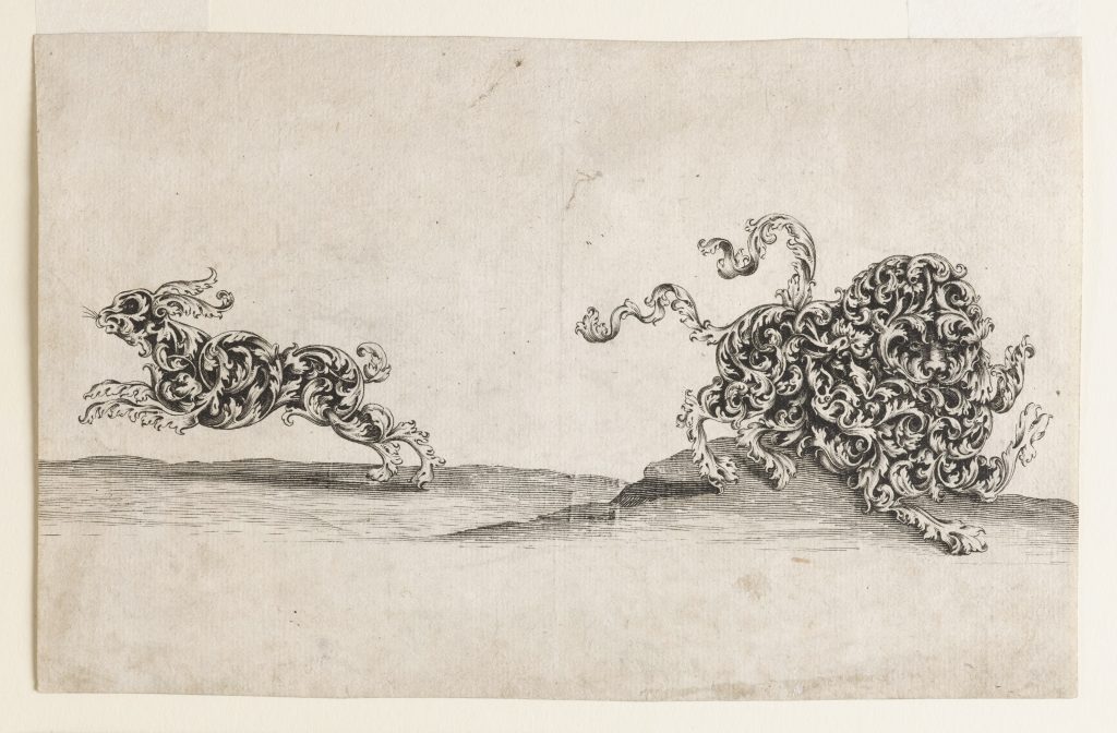 Wolfgang Hieronymus Von Bömmel, <em>Lion and Hare Composed of Ornamental Leaf-Work</em> (1698). Courtesy of the Drawing Center, New York.