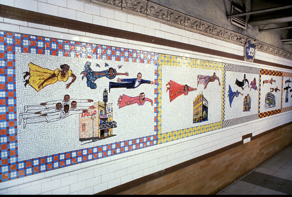 Faith Ringgold’s Flying Home: Harlem Heroes and Heroines (1996) is a mosaic artwork at the 125th Street station on the 2 and 3 lines, which alludes to the legend of “flying Africans.”
