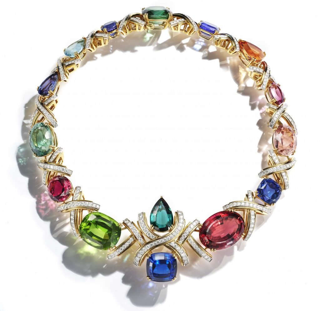 A Paloma Picasso necklace in platinum and 18-karat gold with colored gemstones and diamonds. Courtesy of Tiffany & Co.