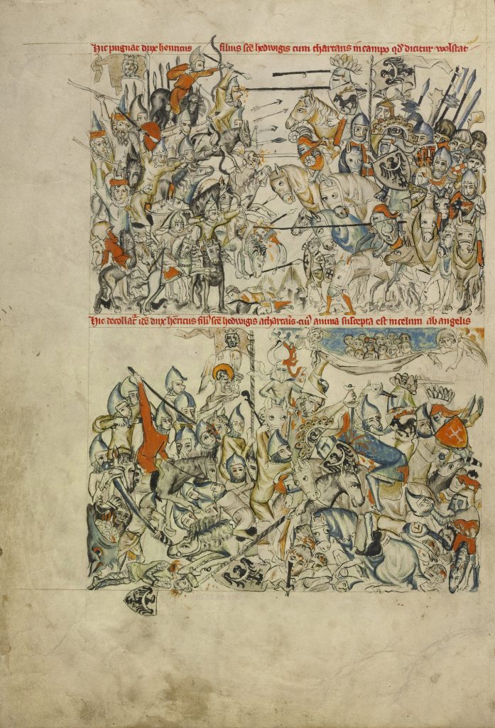 Unknown Silesian, <i>The Battle of Liegnitz and Scenes from the Life of Saint Hedwig</i> (1353). Courtesy of the Getty Museum.