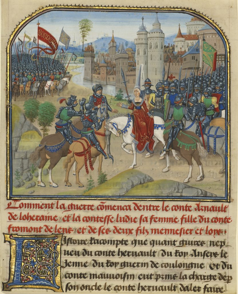Loyset Liédet & Pol Fruit, <i>The Battle Between Arnault de Lorraine and His Wife Lydia</i> (1467-72). Courtesy of the Getty Museum.