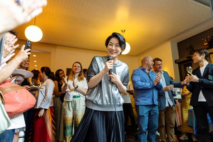 Atsuko Ninagawa, Cofounder and Director of Art Week Tokyo and Owner and Director of Take Ninagawa, at an event promoting the upcoming edition of Art Week Tokyo during the Basel week. Courtesy of Art Week Tokyo. 