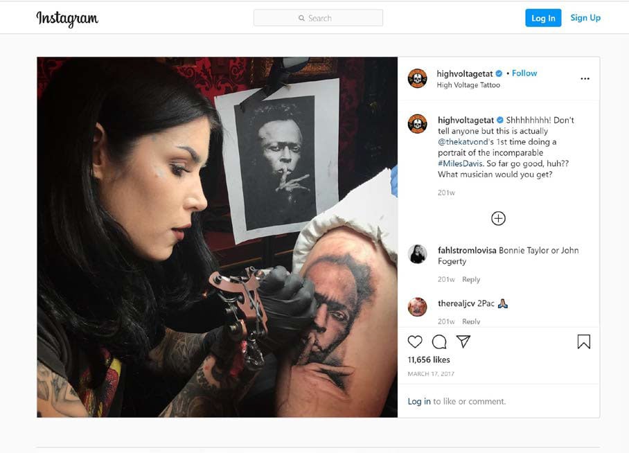 Kat Von D tattooing the Miles Davis photograph, as shared on her Instagram. Screenshot from court filing.