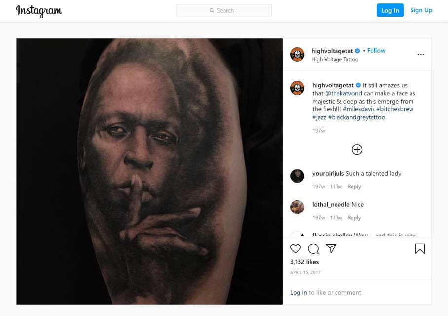 Kat Von D's Miles Davis tattoo, shared on her Instagram.  Screenshot of the court file.