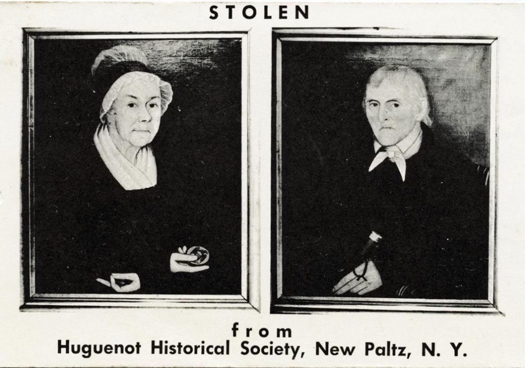 A postcard of the stolen Ammi Phillips paintings of New Paltz couple Annatje Eltinge and Dirck D. Wynkoop distributed by the Historic Huguenot Street historical society in New Paltz, New York, after their 1972 theft. Photo courtesy of the Historic Huguenot Street, New Paltz.