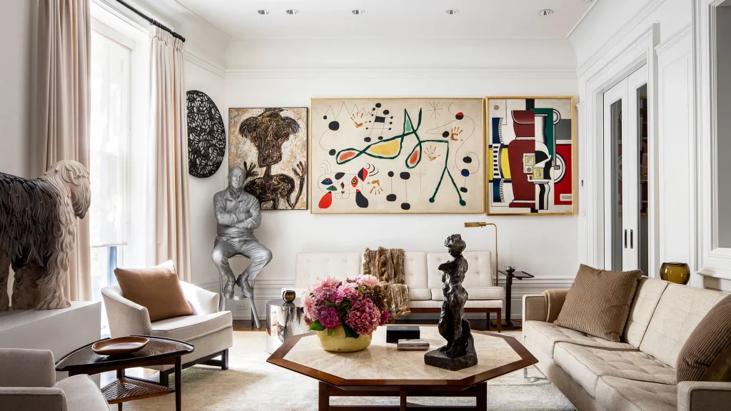 Melissa Neumann's living room, featuring by Jean Dubuffet, Joan Miró, and Fernand Léger, and sculptures by Jeff Koons and Henri Matisse. Photo courtesy of Melissa Neumann. 