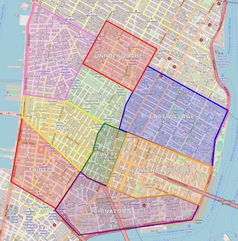Color-coded map of downtown New York gallery neighborhoods as of March 1, 2023. Illustration by See Saw.