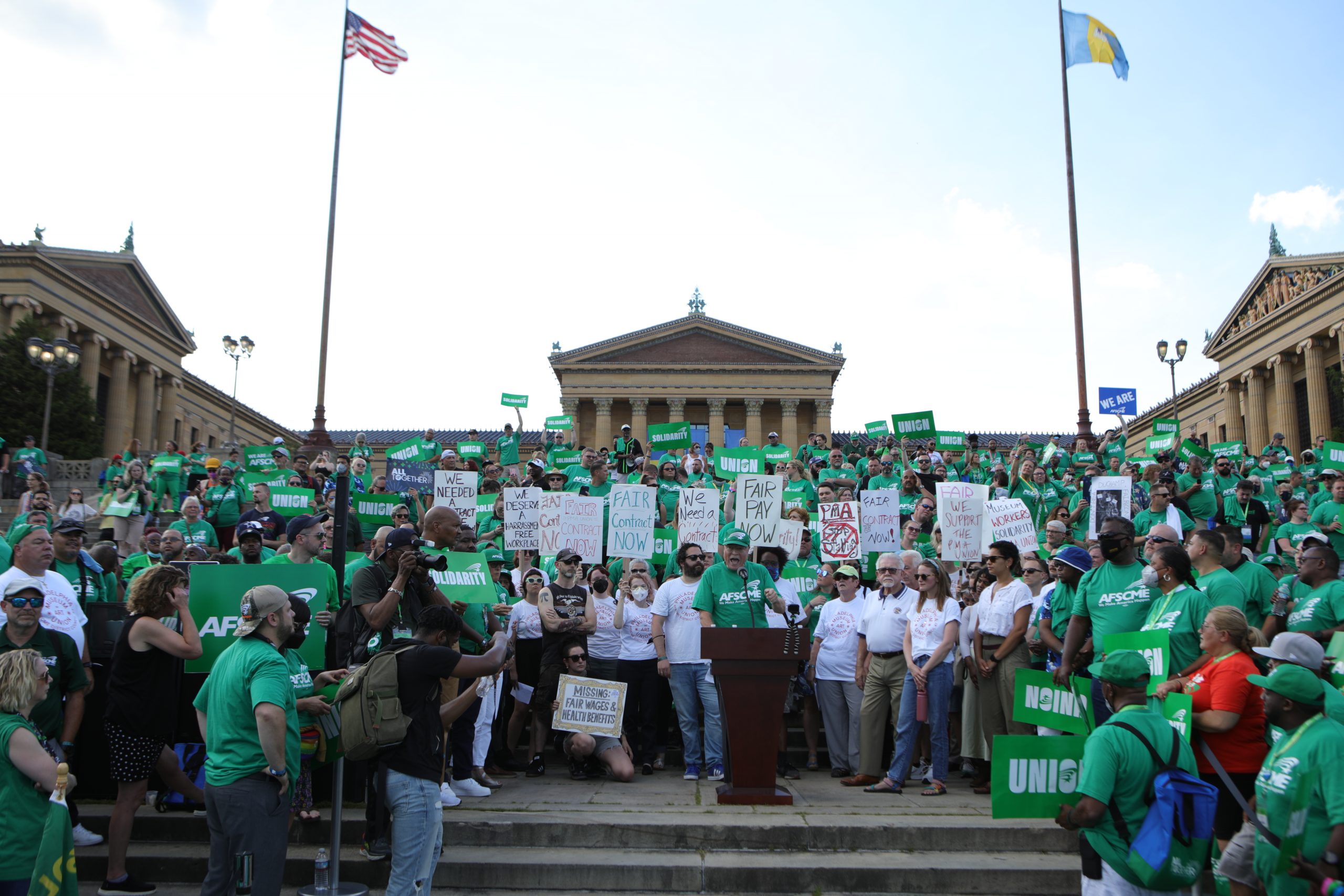 American Federation of State, County, and Municipal Employees (AFSCME) members rally in support of a union contract at the Philadelphia Museum of Art. Photo courtesy of the Philadelphia Museum of Art Union.