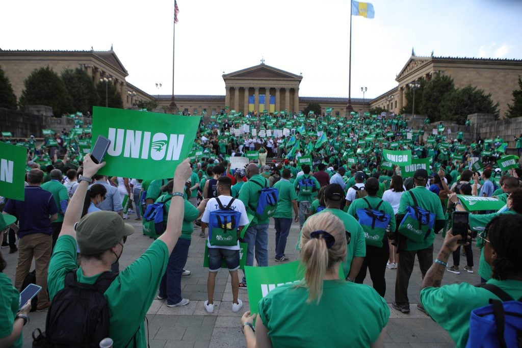 American Federation of State, County, and Municipal Employees (AFSCME) members rally in support of a union contract at the Philadelphia Museum of Art. Courtesy of the Philadelphia Museum of Art Union.