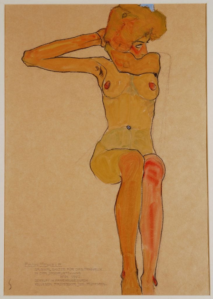 Egon Schiele, <em>Seated Female Nude With Raised Right Arm</em> (1910). The model for the work was the artist's sister, Gertrude Schiele. Collection of Historisches Museum der Stadt Wien.