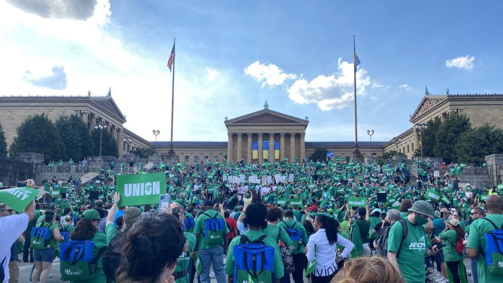 American Federation of State, County, and Municipal Employees (AFSCME) members rally in support of a union contract at the Philadelphia Museum of Art. Photo courtesy of the Philadelphia Museum of Art Union.