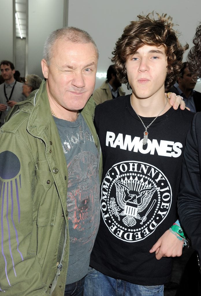 Damien Hirst (L) and son Connor Hirst attend the opening of the new White Cube Bermondsey gallery on October 11, 2011 in London. (Photo by Dave M. Benett/Getty Images)