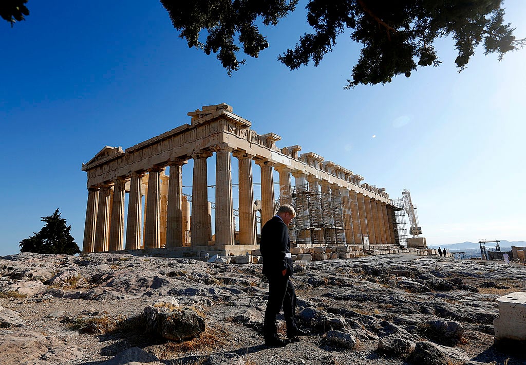 Boris Johnson at the temple of Parthenon in Athens, Greece in 2012. Photo by Yannis Behrakis-Pool/Getty Images.
