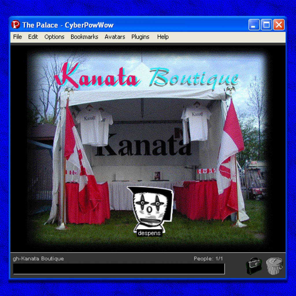 Greg A. Hill, Buffalo Wood, Kanata Boutique (2004), included in CyberPowWow (1997–2005).Palace, Windows XP. Screenshot 2022. Courtesy of Rhizome.