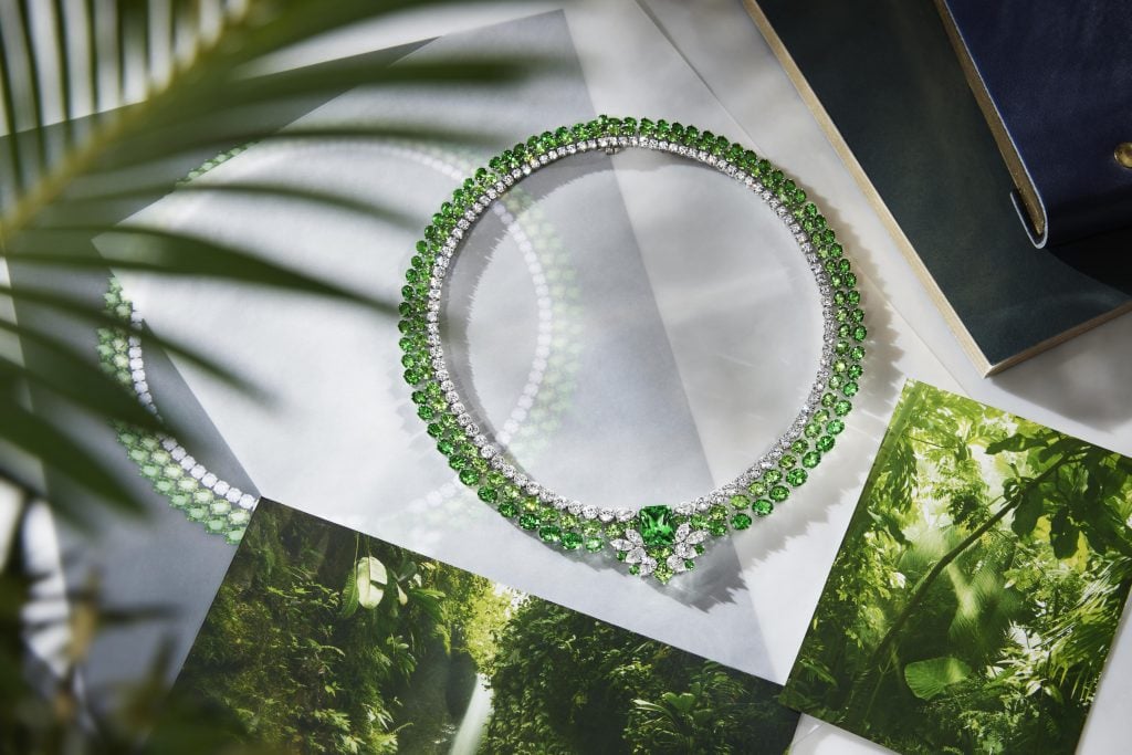 Green tsavorite and diamond necklace represent the rainforest and the diamonds signify the light piercing the branches. Courtesy of Harry Winston.