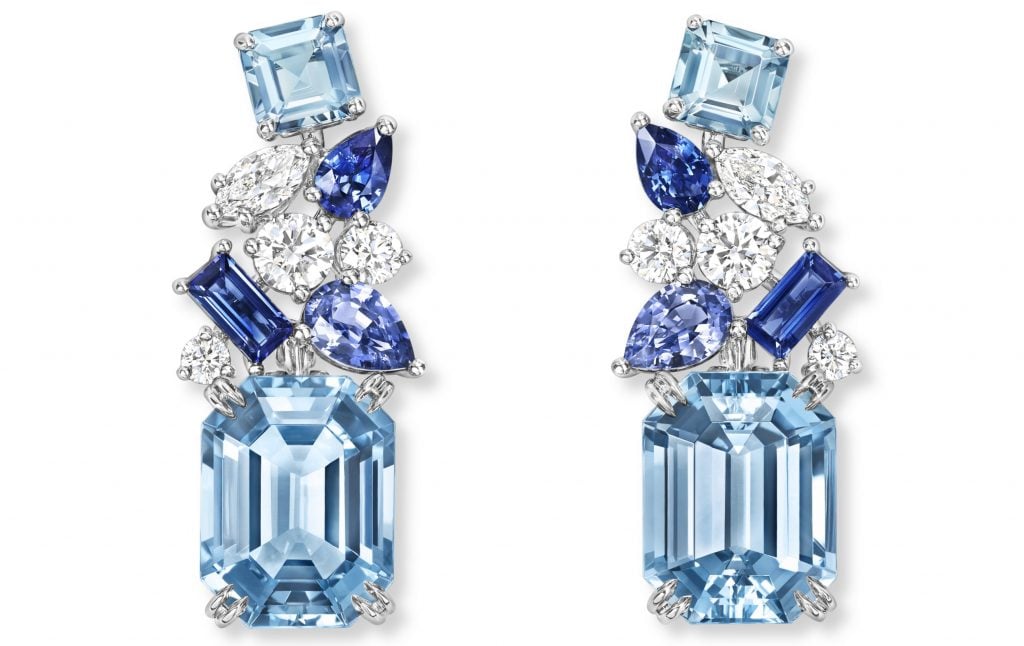 Santorini-inspired diamond and aquamarine earrings set in platinum. Courtesy of Harry Winston.