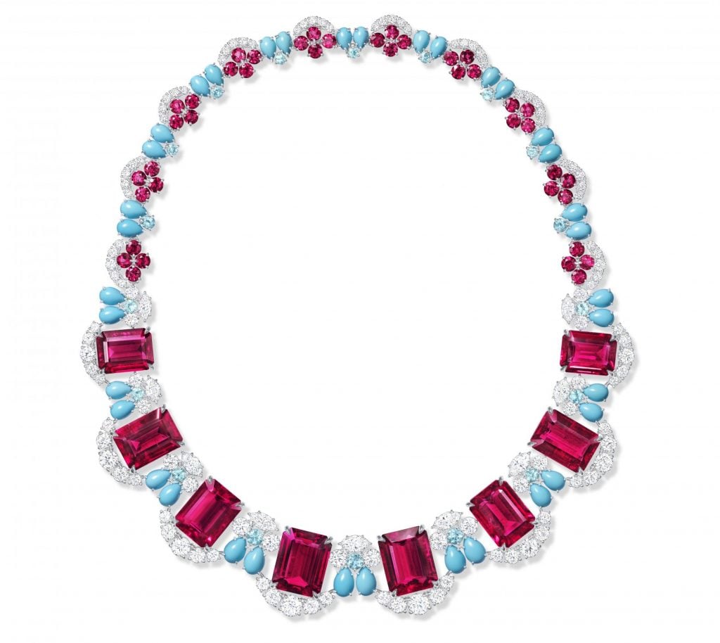 The Amalfi Coast is channeled in 48 rubellites, 32 carats of diamonds, and turquoise. Courtesy of Harry Winston. 
