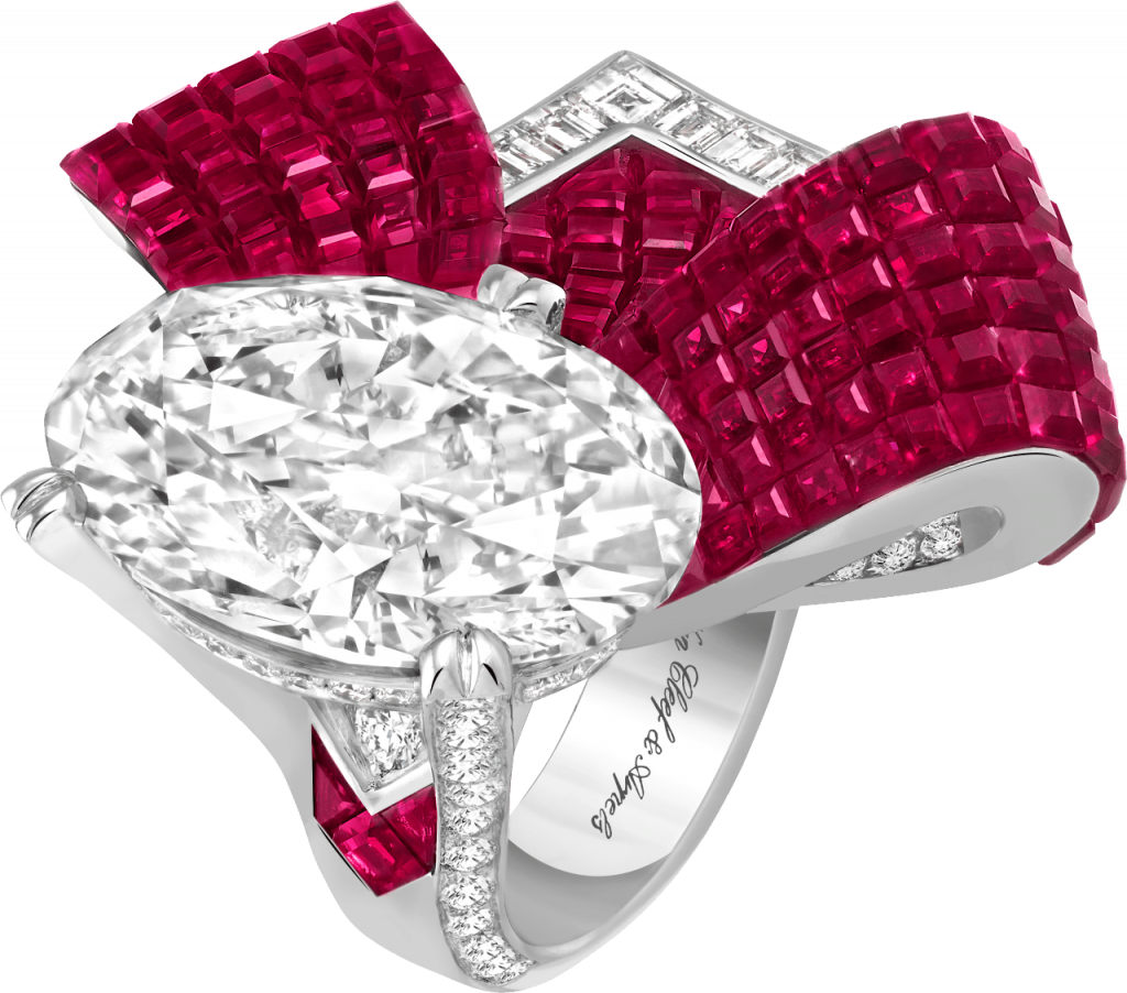 Couture Mystérieuse ring. White gold, rose gold, one oval-cut 18.32 carat diamond, Traditional Mystery Set, rubies, diamonds. Courtesy of Van Cleef & Arpels. 