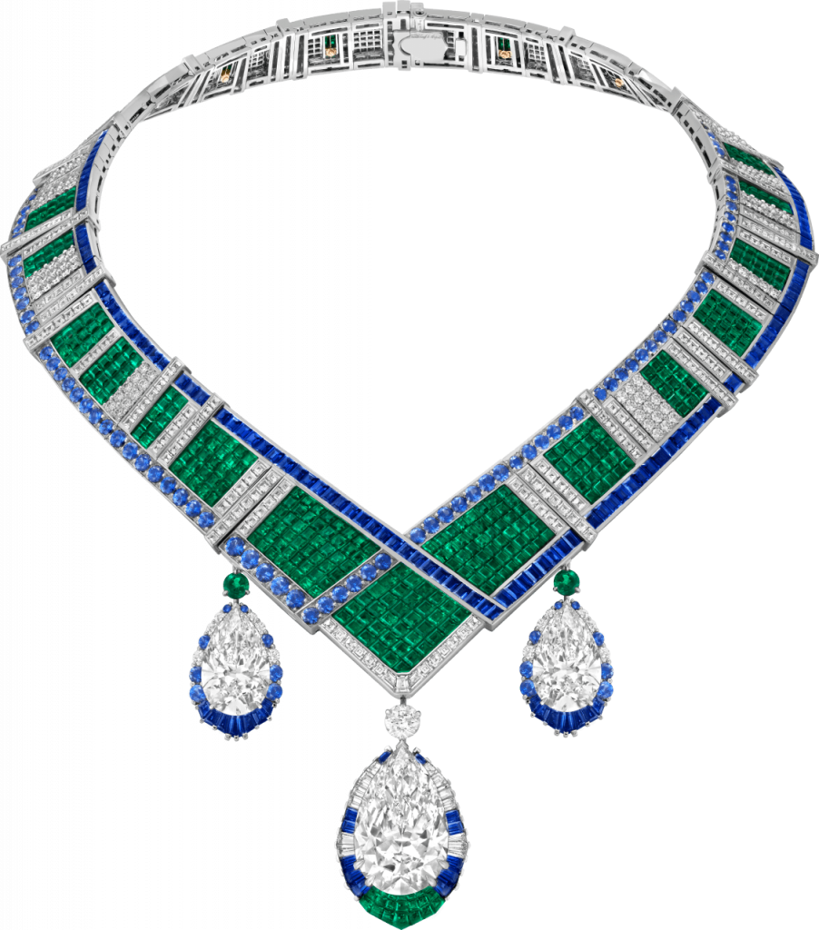 Chevron Mystérieux necklace with detachable pendants. White gold, rose gold, 3 pear-shaped diamonds, Traditional Mystery Set, emeralds, sapphires, diamonds. Courtesy of Van Clef & Arpels.