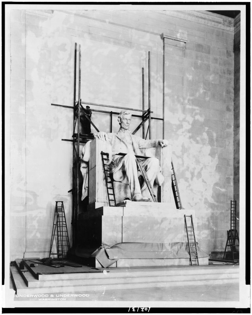 Daniel Chester French, <em>Abraham Lincoln</em> at the Lincoln Memorial on the National Mall in Washington, D.C., under construction in a historical photograph. Photo courtesy of Eduardo Montes-Bradley.