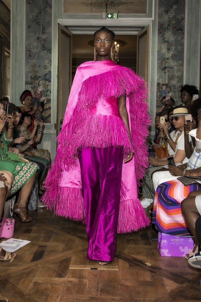 A look from Cameroonian couturier Imane Ayissi's autumn-winter 2019 Mbeuk Idourrou collection, presented in Paris, France. Photo: Fabrice Malard. Courtesy of Imane Ayissi.