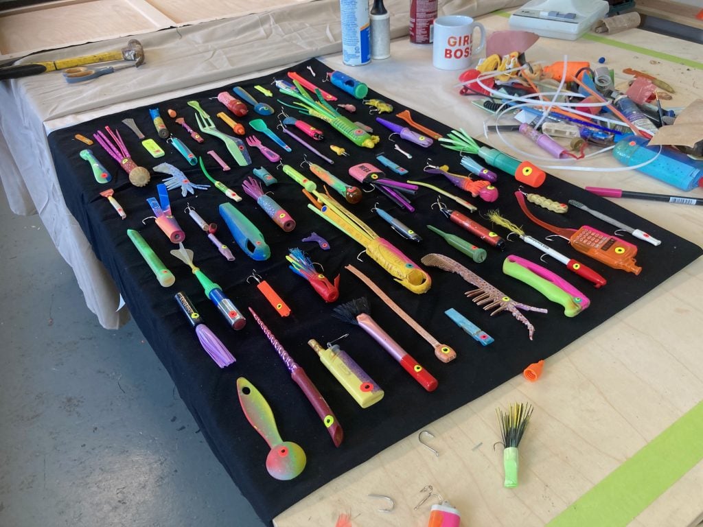 Fishing lures by Duke Riley in progress. Photo courtesy of the artist. 