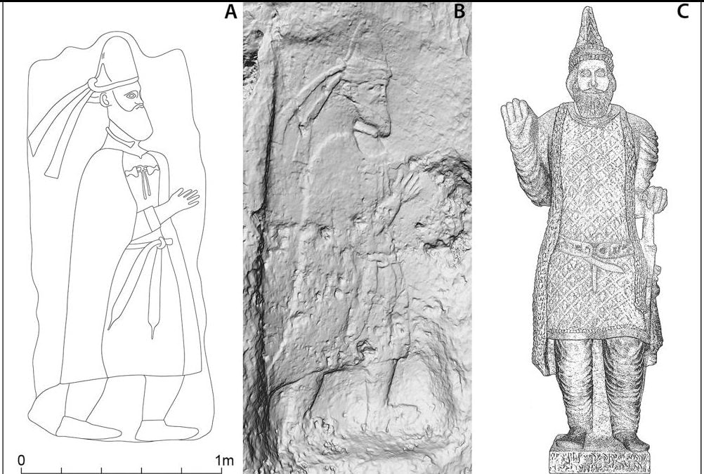 The Merquly rock-relief, the Rabana rock-relief; and a statue from Hatra of King 'tlw/Attalos of Adiabene. Image ©Rabana-Merquly Archaeological Project; Antiquity Journal Ltd., illustration by Michael Brown.