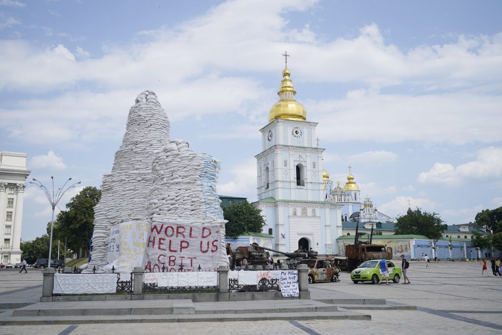 Statues protected by sand bags in front of St Michael's golden-domed monastery, Kyiv Ukriaine. Picture date: Thursday July 7, 2022. (Photo by Niall Carson/PA Images via Getty Images)