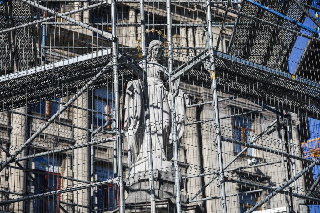 LVIV, UKRAINE - 2022/05/18: The Statue of Virgin Mary protected with a steel structure is pictured in Lviv. (Photo by Aziz Karimov/SOPA Images/LightRocket via Getty Images)