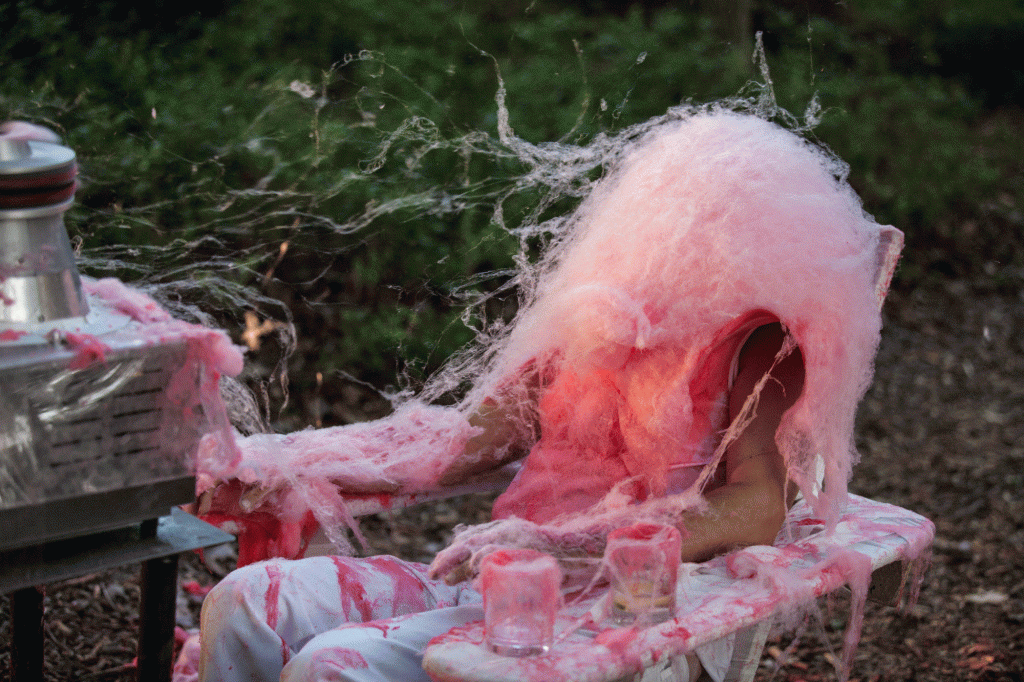 Stephen J. Shanabrook performing <em>BEATEN TO A PULP ON A BED OF MOSS</em> from his "COTTON CANDY" series at the 2019 Watermill Center Summer Benefit. Photo by Maria Baranova, courtesy of the Watermill Center, Watermill, New York.