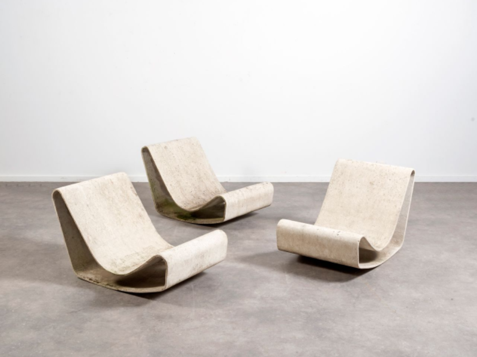 Three examples of Willy Guhl's <em>Loop Chair</em> sold for €13,650 ($16,611) at Cornette de Saint Cyr in Brussels in May 2021. The chair is made from Eternit, a concrete asbestos composite. Photo courtesy of Cornette de Saint Cyr, Brussels.
