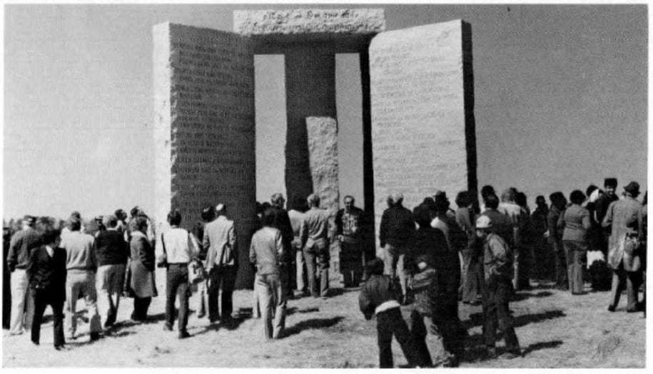 The <em>Georgia Guidestones</em> at its unveiling in 1980. Photo courtesy of the Elbert County Chamber of Commerce.