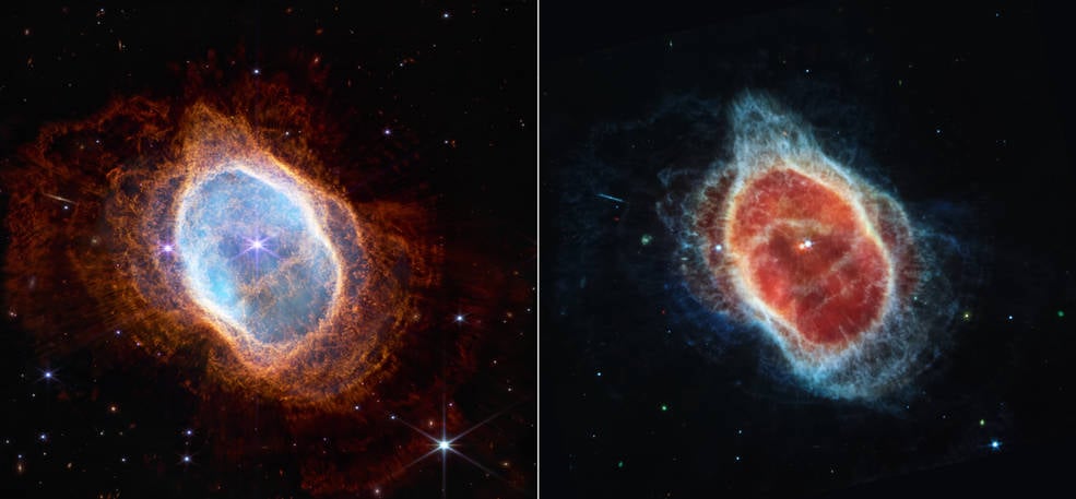 The Southern Ring Nebula, seen through the James Webb Space Telescope, at left in near-infrared light, and at right in mid-infrared light. Courtesy of NASA, ESA, CSA, and STScI.