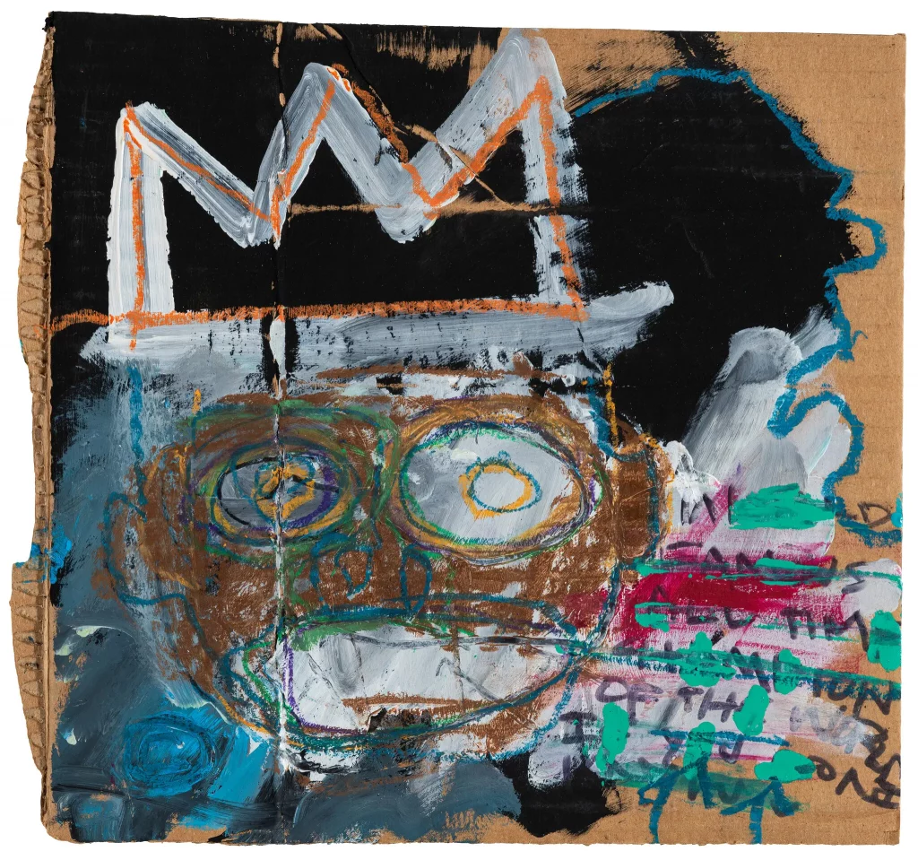"Untitled (Self-Portrait or Crown Face II)," the work allegedly painted in acrylic, wax crayon and paint stick on the back of FedEx shipping material. Photo courtesy of the Orlando Museum of Art.