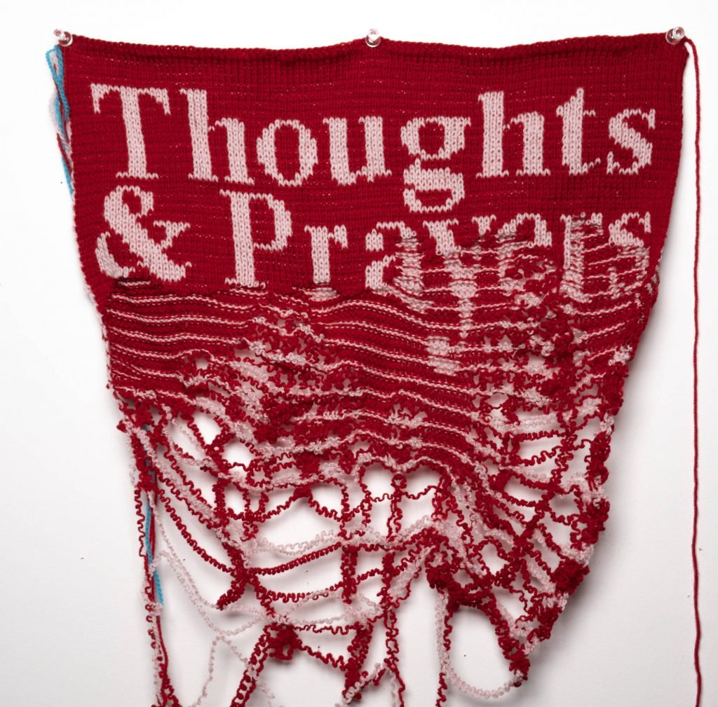 Lisa Anne Auerbach, <em>Thoughts & Prayers</em> (2022), video still. Photo courtesy of the artist and Gavlak Los Angeles and Palm Beach.