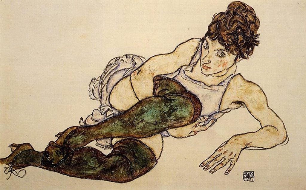 Egon Schiele, <em>Reclining Woman with Green Stockings</eM> (1917). The model for the work was the artist's sister-in-law, Adele Harms. Private collection.