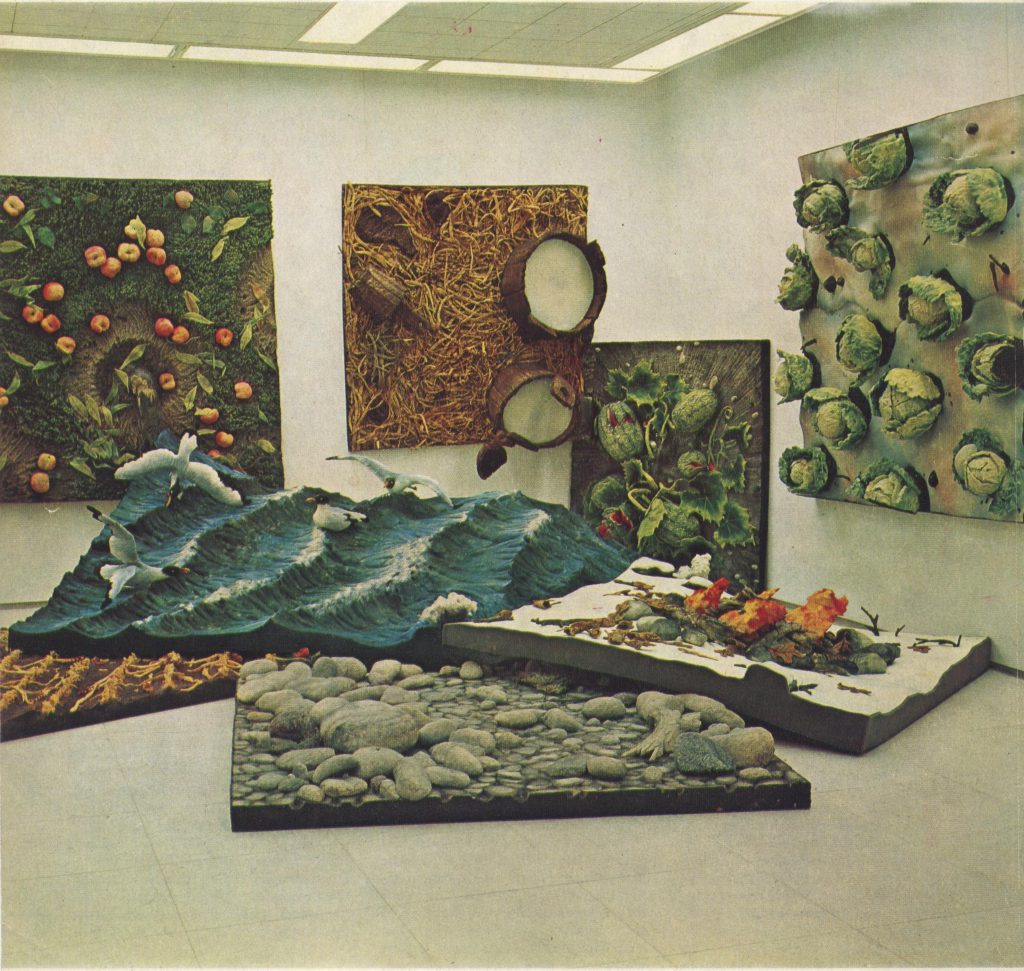 A 1967 exhibition of Gilardi's <em>Tappeti-Natura</em>, or “Nature-Carpets,” at Galerie Ileana Sonnabend in Paris. Courtesy of the artist.