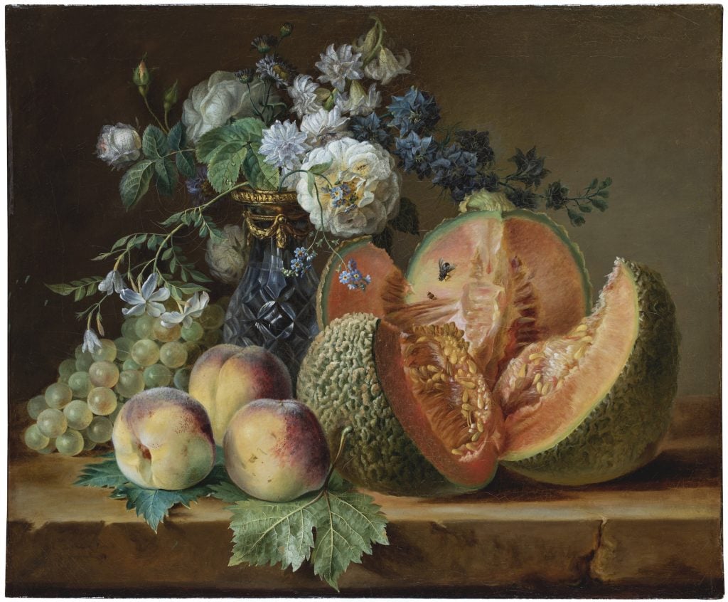 Marquise de Grollier, Still Life with a Vase of Flowers, Melon, Peaches, and Grapes, 1780. Courtesy the Metropolitan Museum of Art.